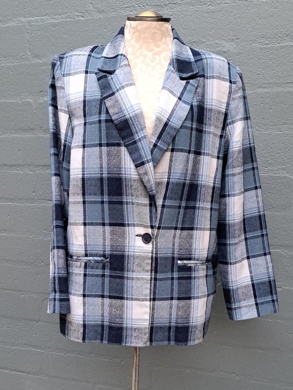 Fashion Bug Womens Blue & White Plaid Single-Button Jacket Size L